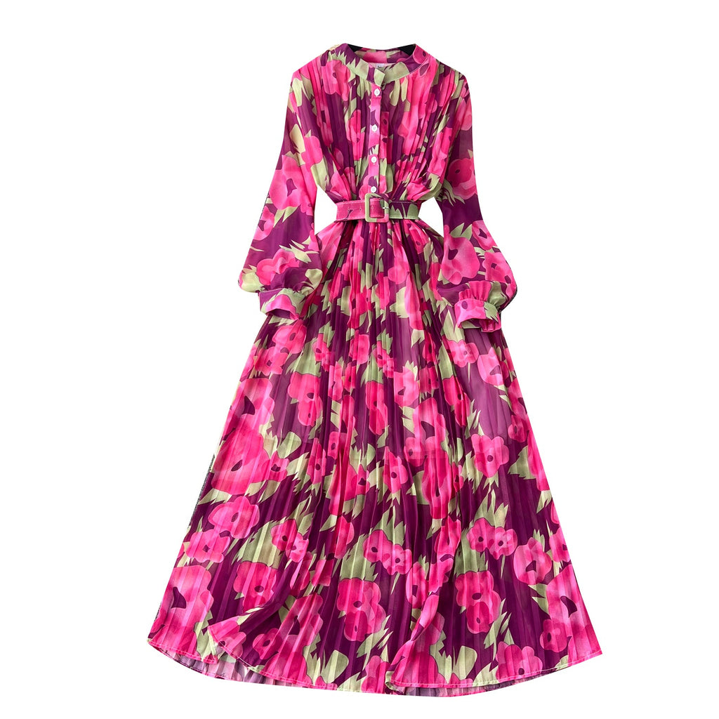 Pleated Floral Printed Shirt Dress