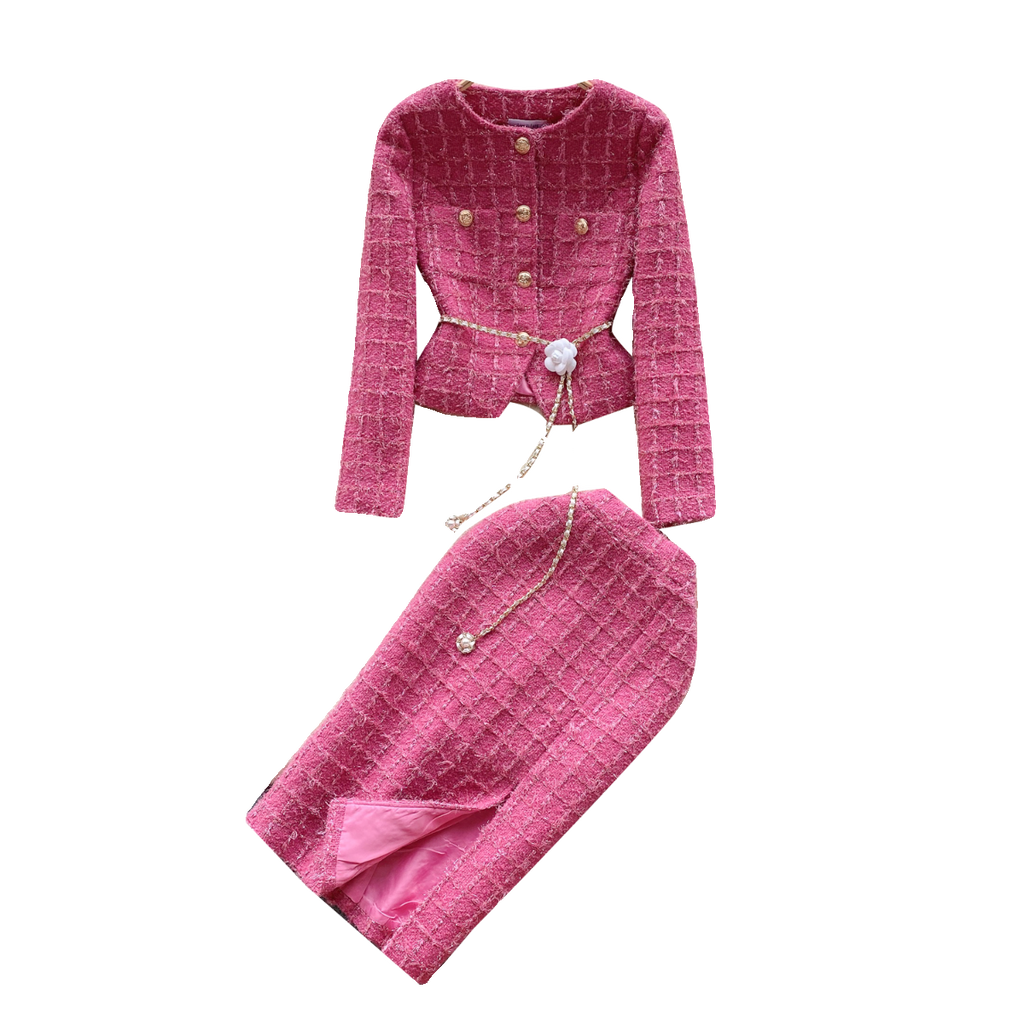 Cardigan&Skirt Plaid Tweed 2Pcs Set