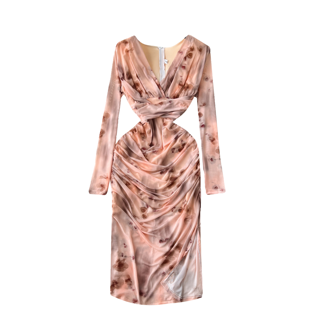 V-neck Pleated Tie-dye Printed Dress