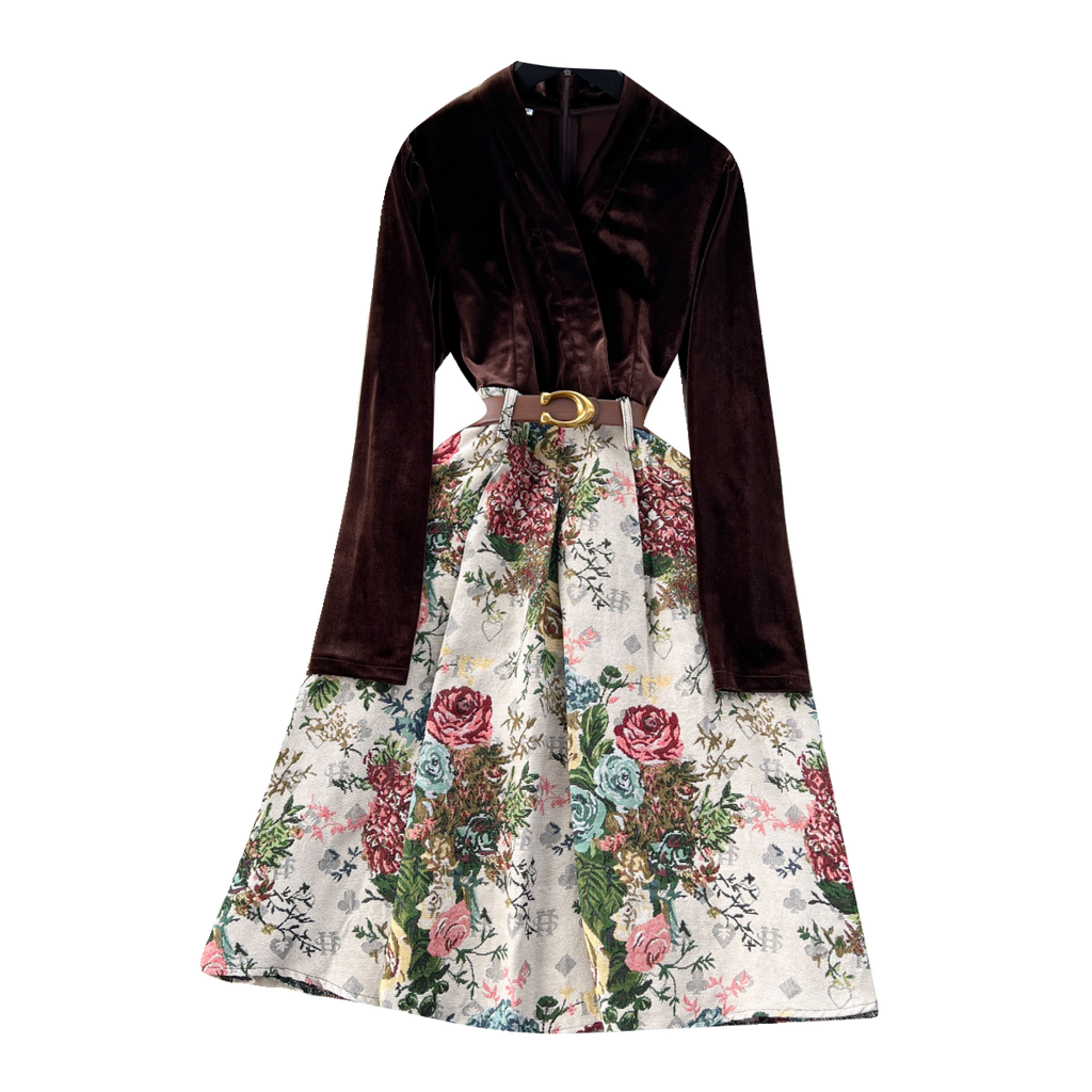 Courtly Gold Velvet Jacquard Floral Dress