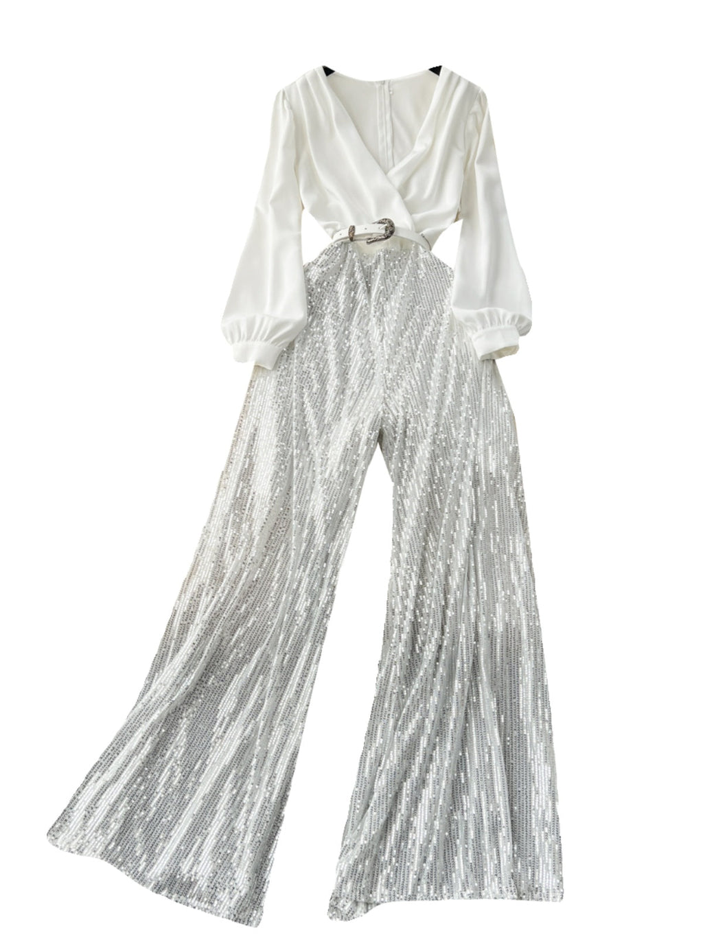 Elegant V-neck Sequined Patchwork Jumpsuit