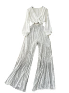 Elegant V-neck Sequined Patchwork Jumpsuit