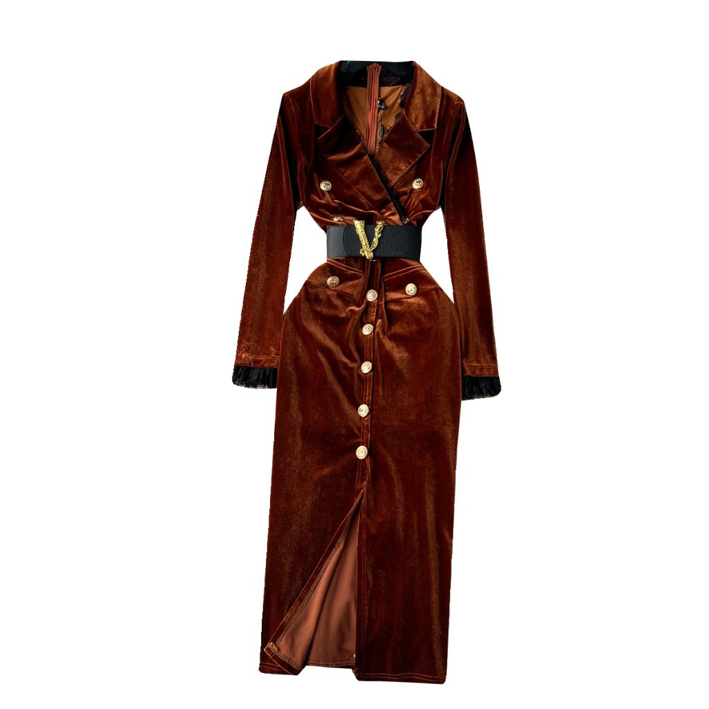 Vintage Gold Velvet Suit Collar Dress