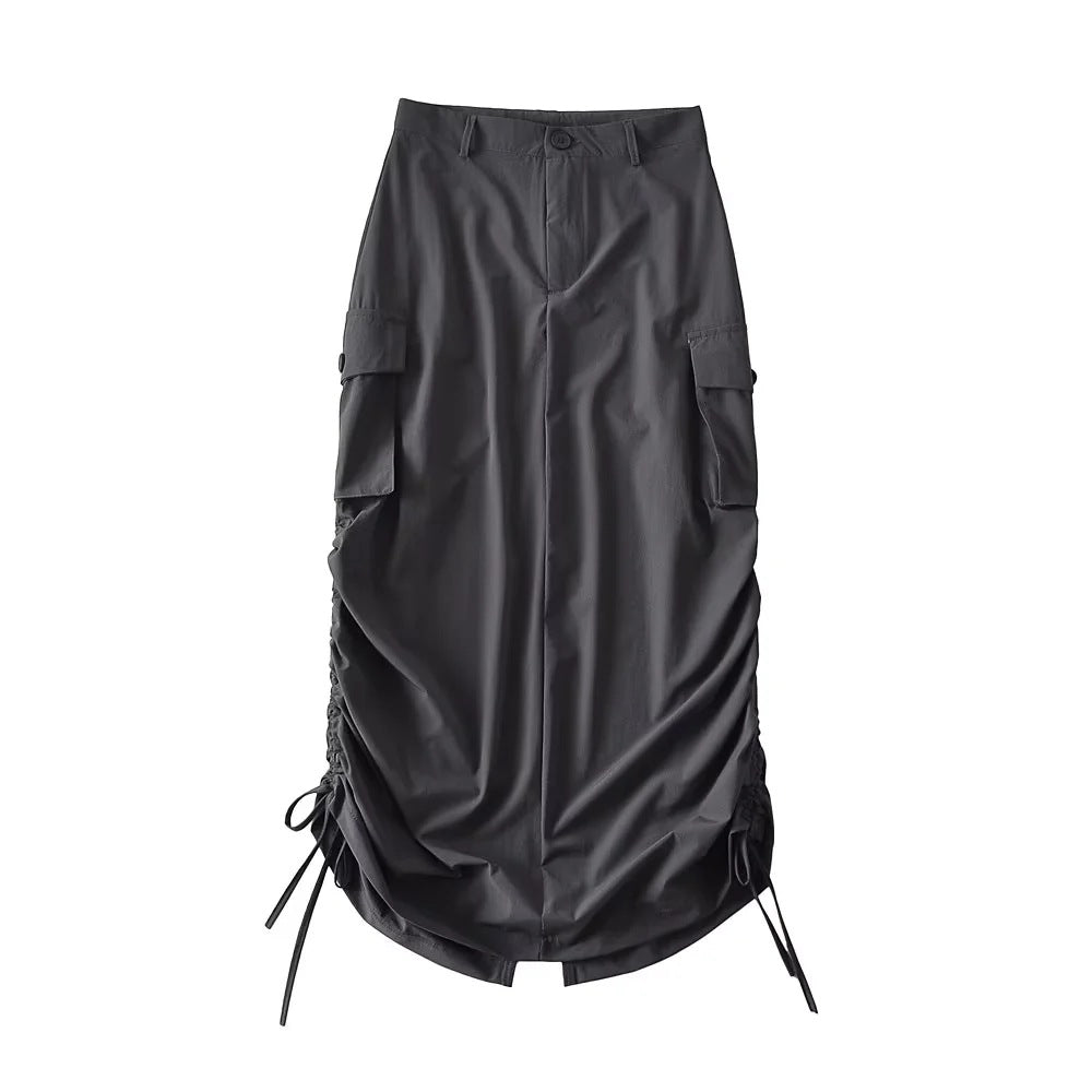 Cargo Skirt With High Waist Side Pockets And Slit Back