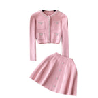 Tweed Cardigan&Pleated Skirt Knitted 2Pcs