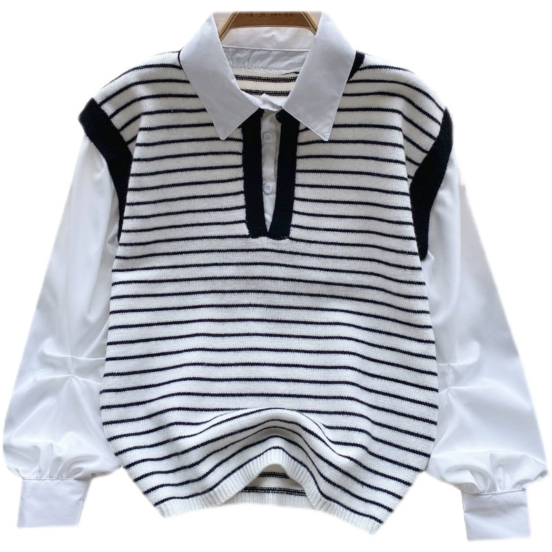 Faux Two-pieces Patchwork Stripe Top