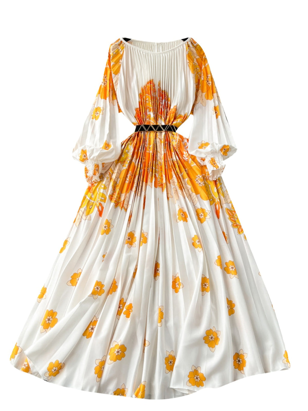 Floral Printed High-waist Pleated Dress