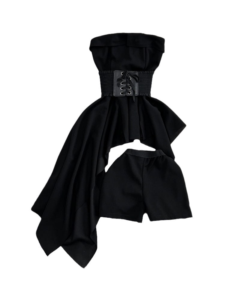 Asymmetric Top&Shorts Black 2Pcs