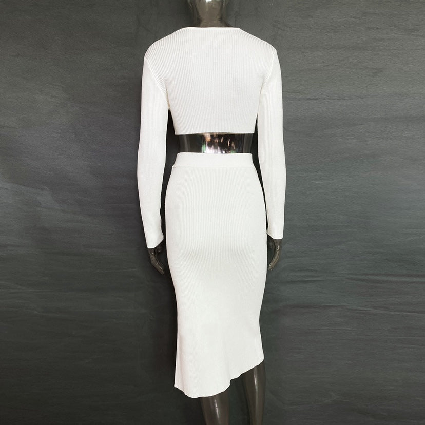 V-neck Sweaters&Split Skirt Knitted 2Pcs