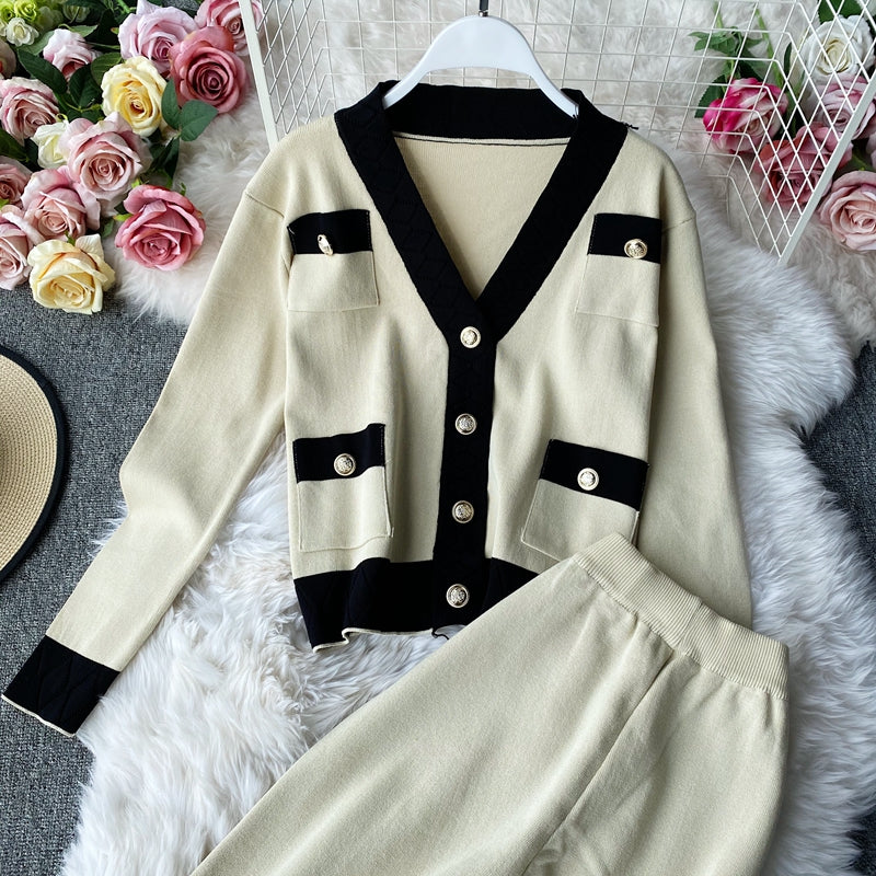 Two-piece V-neck Cardigan Sweater And High-waisted Wide-leg Trousers
