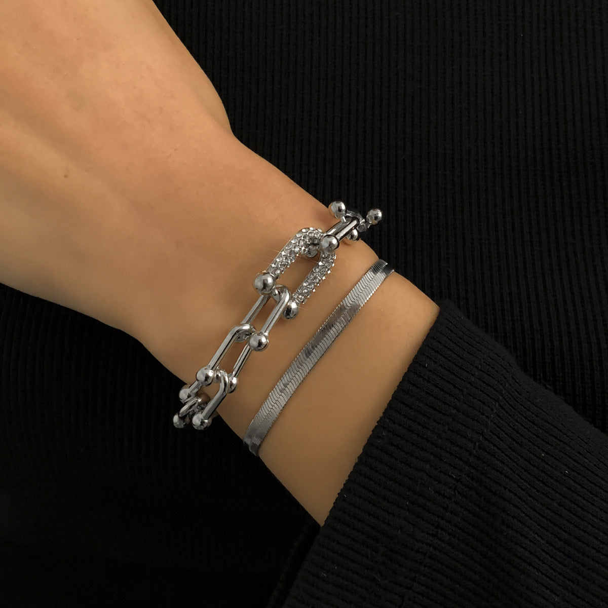 Rhinestone Studded U-Button Bracelet