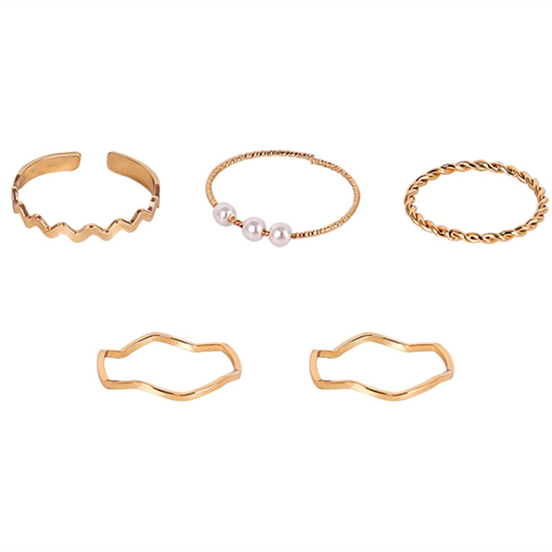 Pearl Wave Metal Ring 5Pcs Set