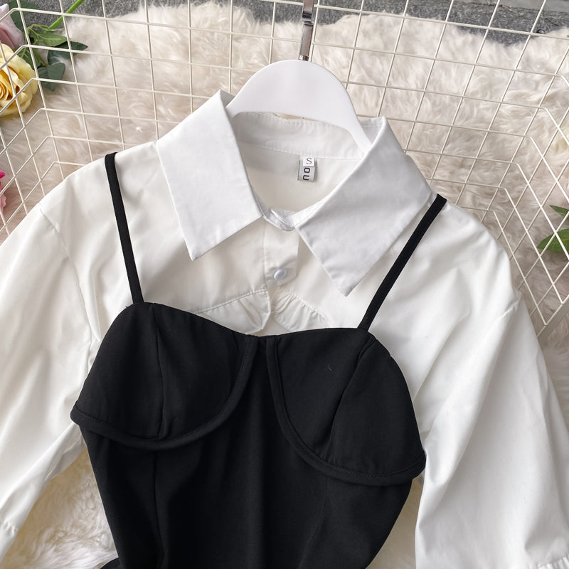 A-line Skirt And Lantern Sleeve Short Shirt Two-piece Suit