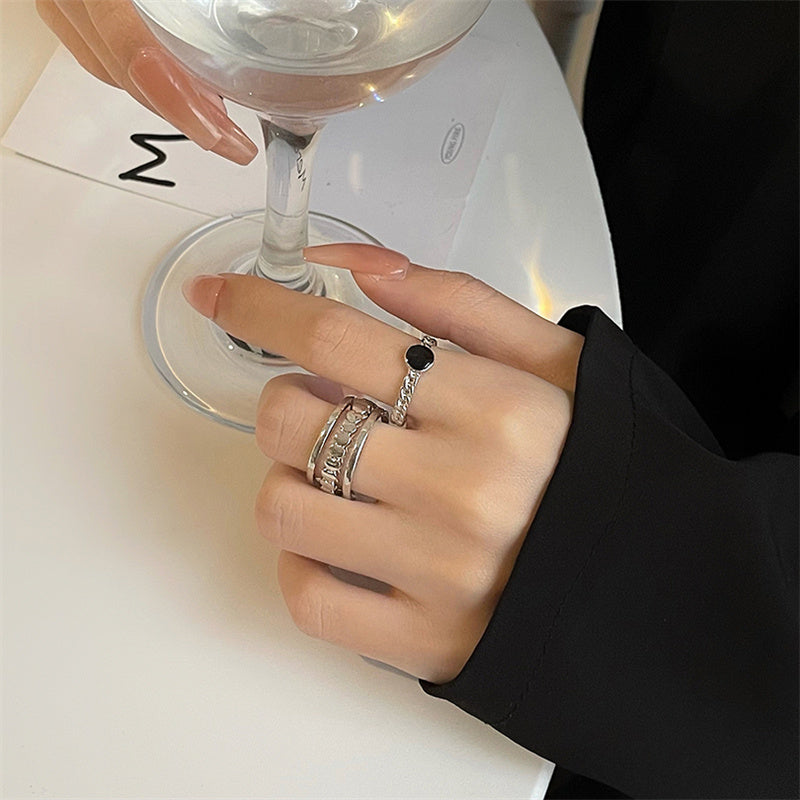 Black Rhinestone&Hollowed Rings Set