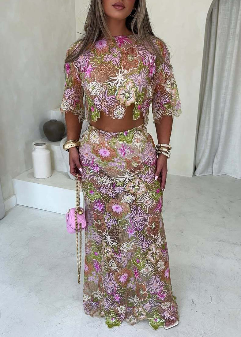Cylora Floral Embroidered Skirt Set