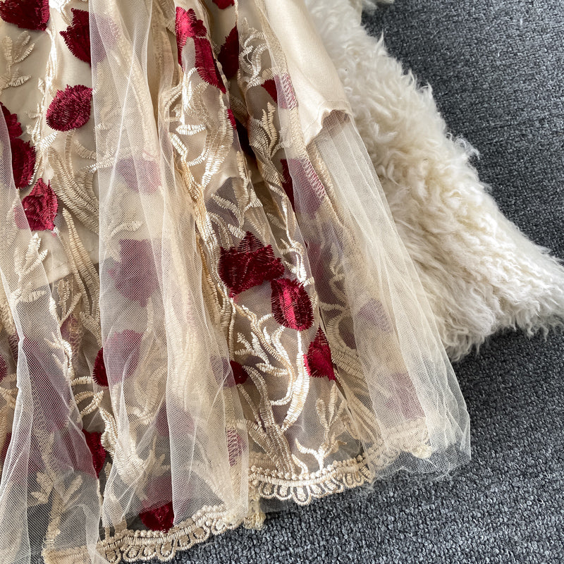 Vintage Embroidered Floral Mesh Dress