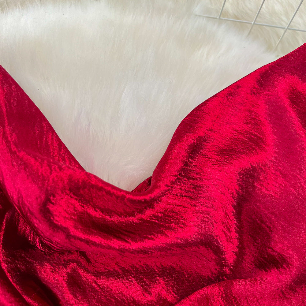 Vintage Draped Glossy Red Slip Dress