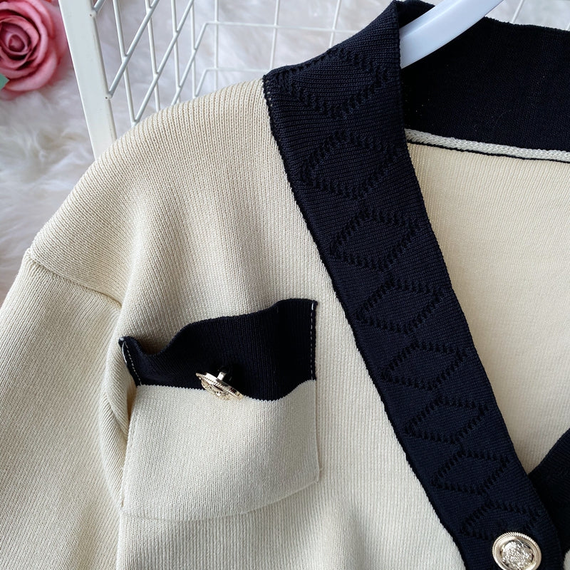 Two-piece V-neck Cardigan Sweater And High-waisted Wide-leg Trousers