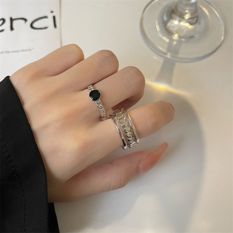 Black Rhinestone&Hollowed Rings Set