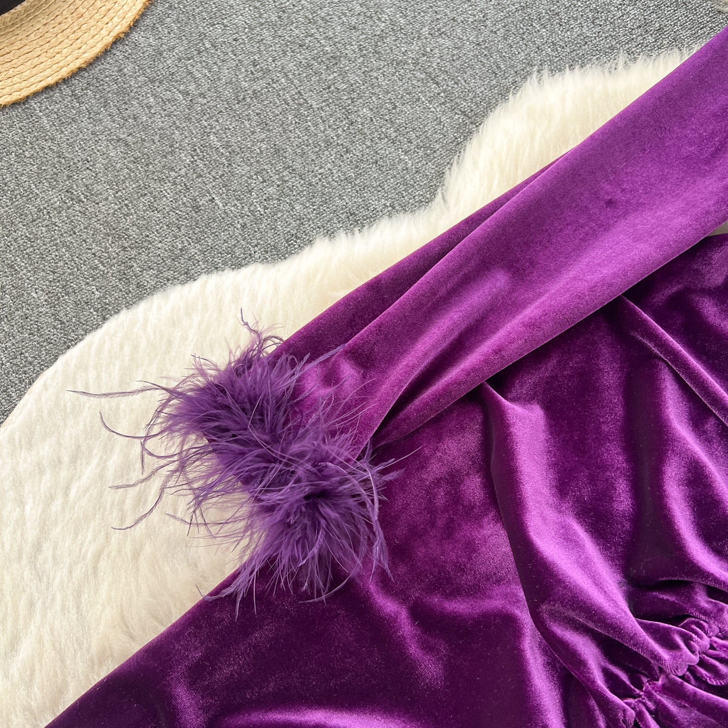 V-neck Slim-fitting Suede Split Dress