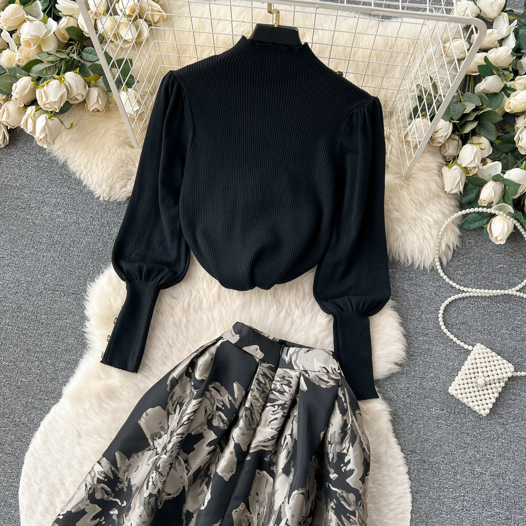 Turtleneck Sweater&Jacquard Skirt 2Pcs