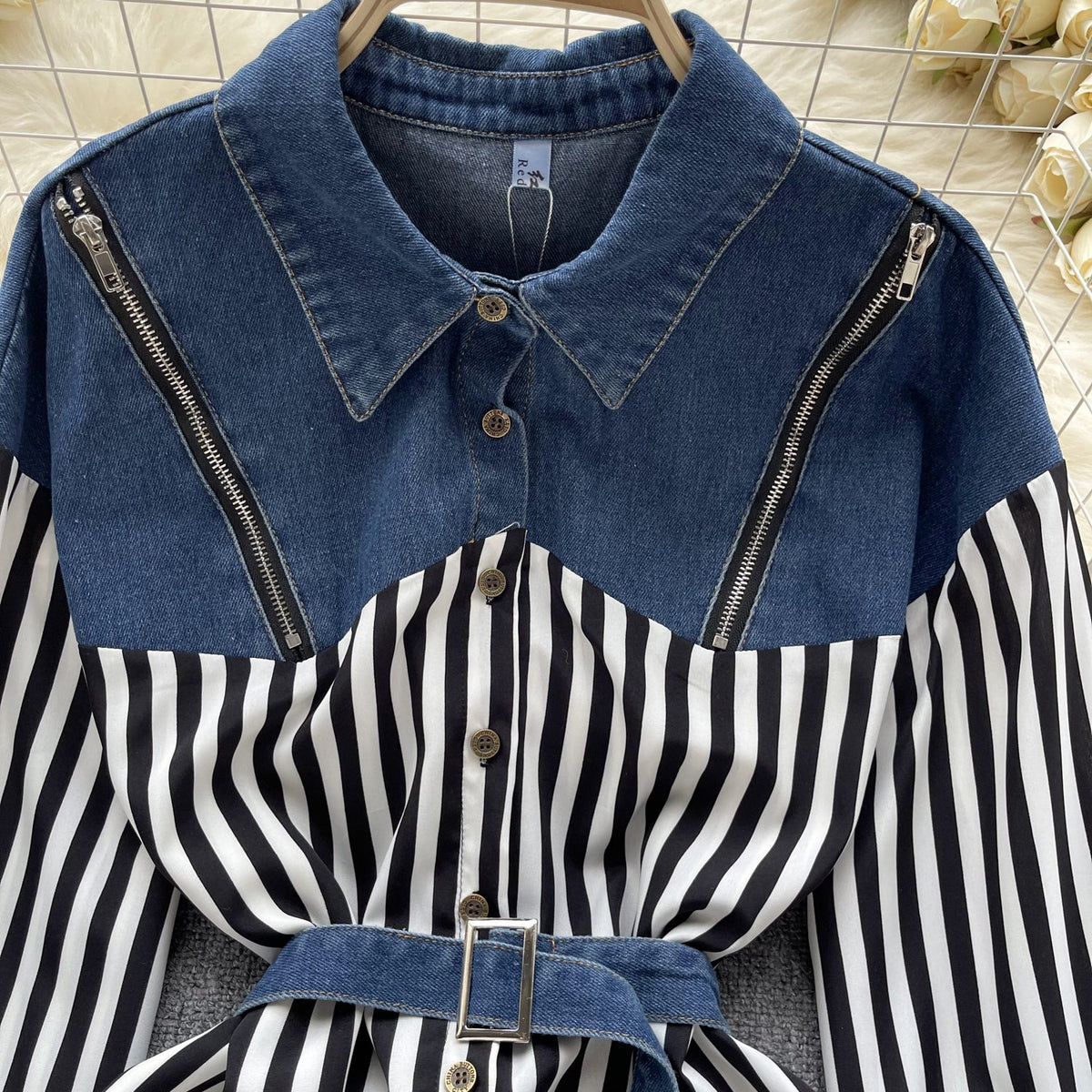 Niche Striped Patchwork Denim Shirt