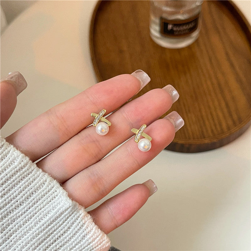 Rhinestone Studded X Pearl Earrings