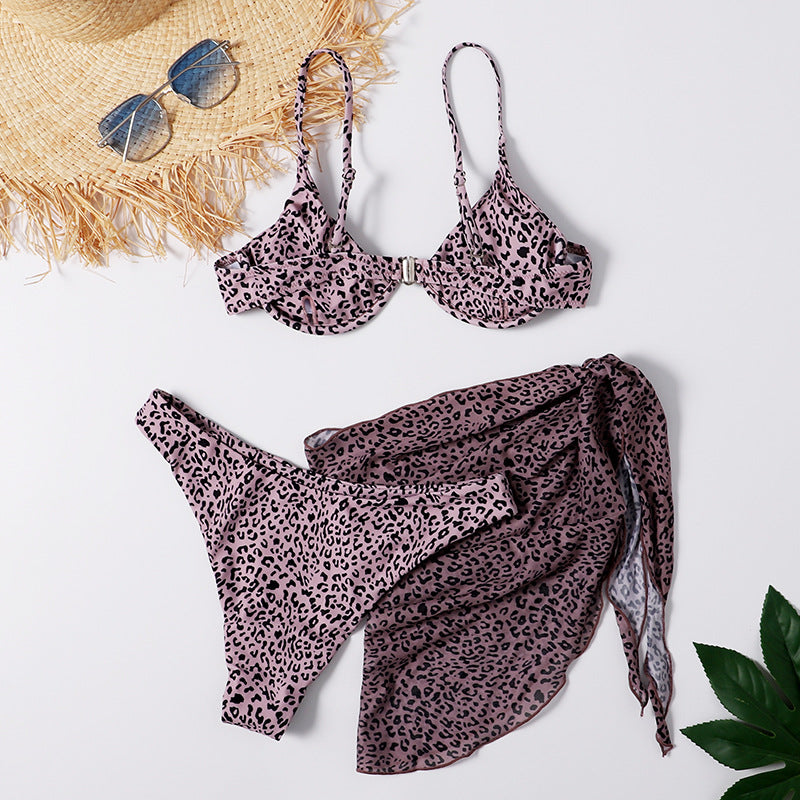 Three-piece Leopard Print&Ink Swimsuit