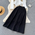 OL Suit Top&Black Pleated Skirt 2Pcs