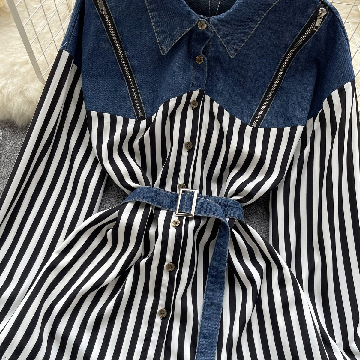 Niche Striped Patchwork Denim Shirt