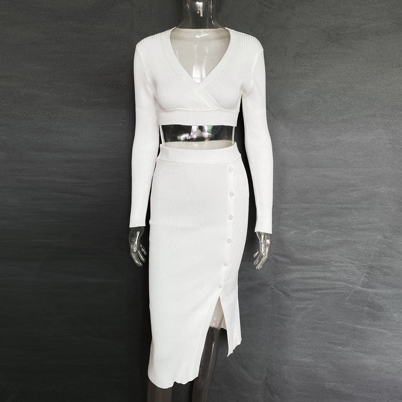 V-neck Sweaters&Split Skirt Knitted 2Pcs