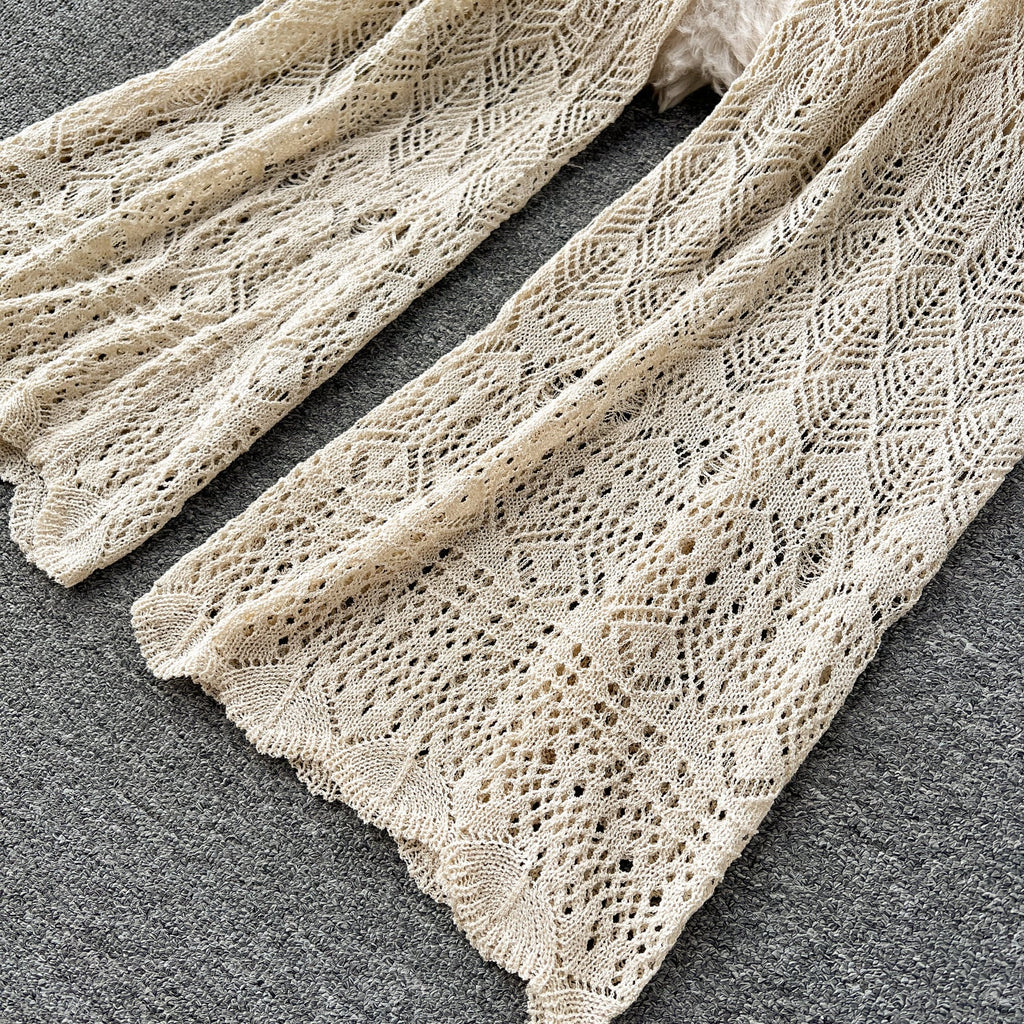 Crochet Sleeveless Cardigan&Trousers Knitted 2Pcs