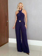 Minimalist Sleeveless Backless Jumpsuit With Gold Belt