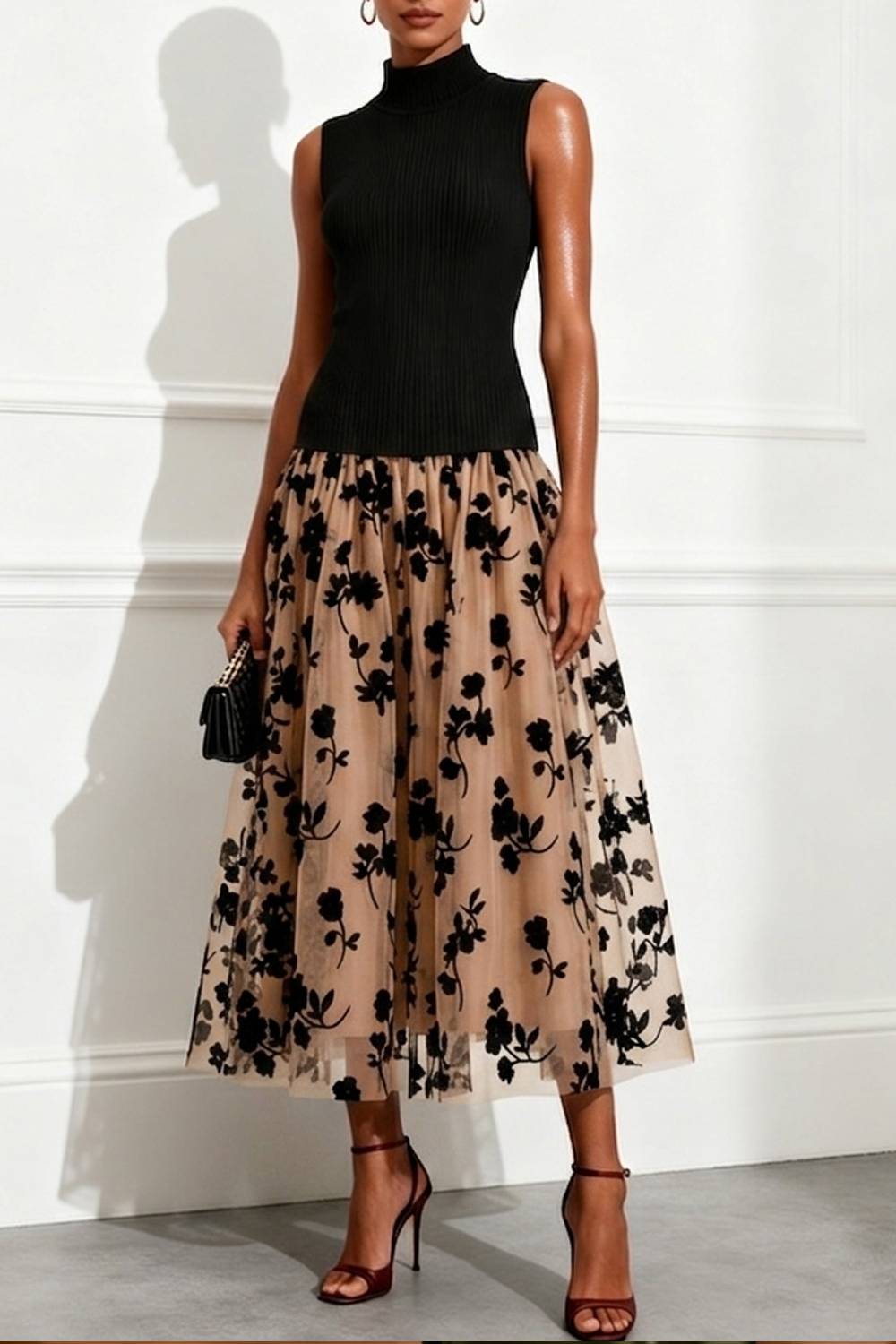Mock Neck Sleeveless Contrast Floral Tulle Midi Dress
