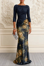 Three-quarter Sleeve Lace Floral Print Mermaid Formal Long Dress