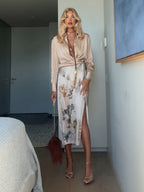 Elegant Knotted Blouse Paired With A Printed Skirt Two-piece Set