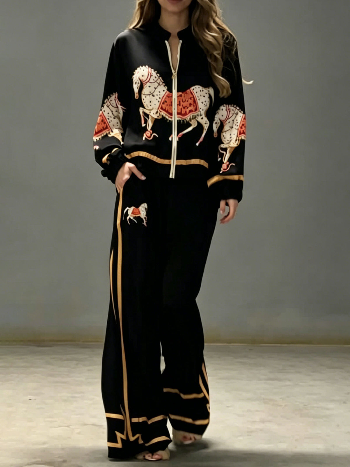 Exquisite Satin Horse Print Zip Jacket & Wide-Leg Pants Two-Piece Set