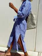Splendor Stripes Printed Button Half Sleeve Belt Shirt Midi Dress