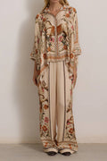 Vintage Horse Floral Print Cape‑Sleeve Shirt & Wide‑Leg Pants Two‑Piece Set