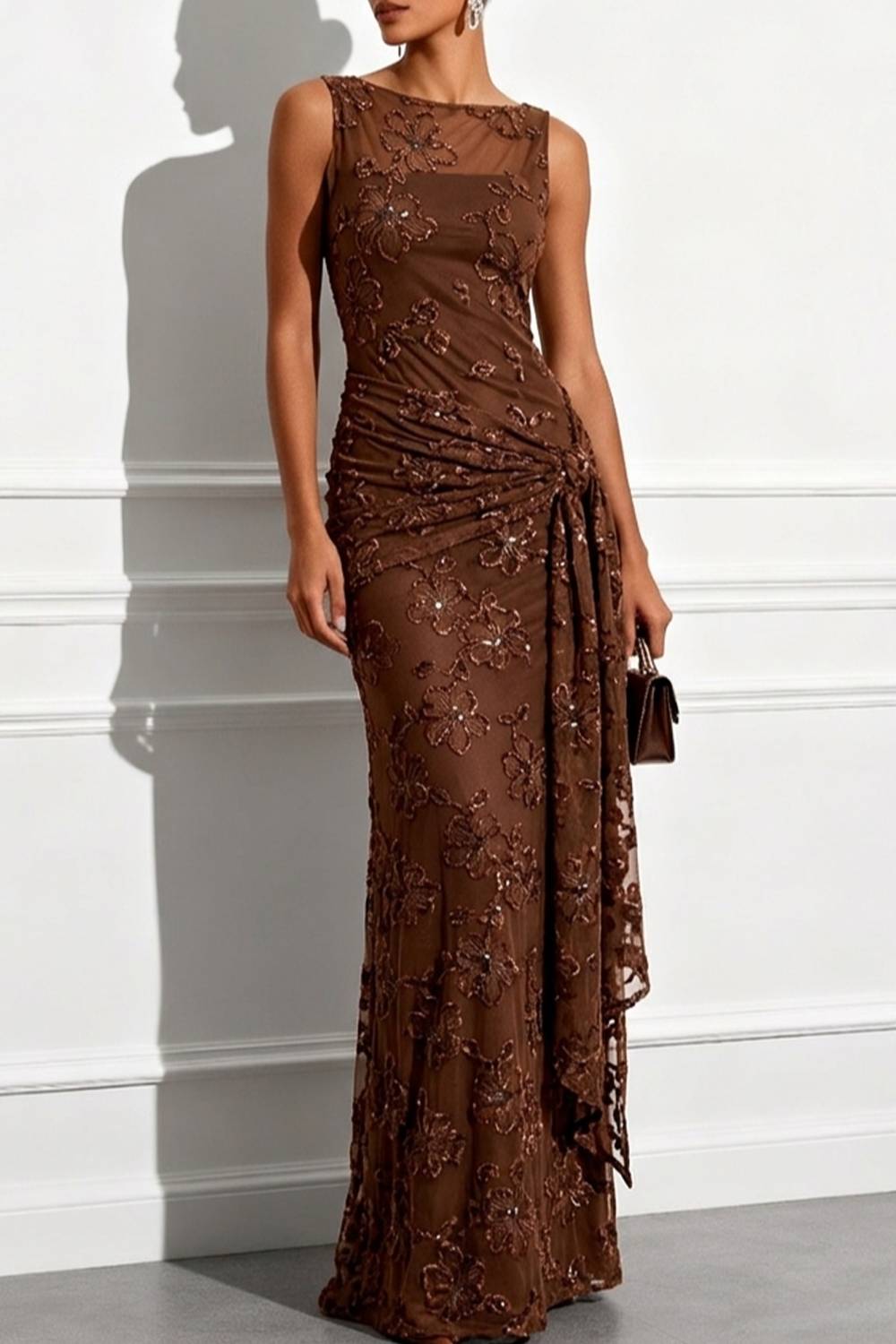 Sleeveless Floral Applique Twist Mermaid Long Dress