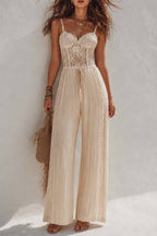 Spaghetti Strap Floral Lace Drawstring Waist Wide‑Leg Boho Jumpsuit