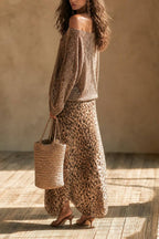 Two-piece Off-shoulder Loose Knit Top Leopard Print Half-length Dress