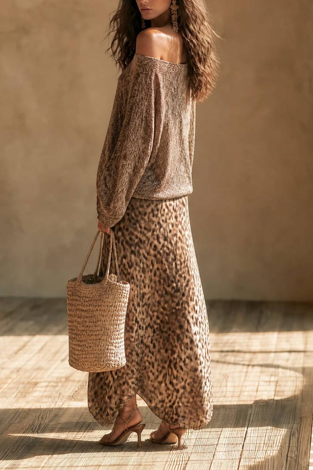 Two-piece Off-shoulder Loose Knit Top Leopard Print Half-length Dress