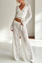 Long‑Sleeve Wrap Lace Crop Top & Flare Pants Two‑Piece Set
