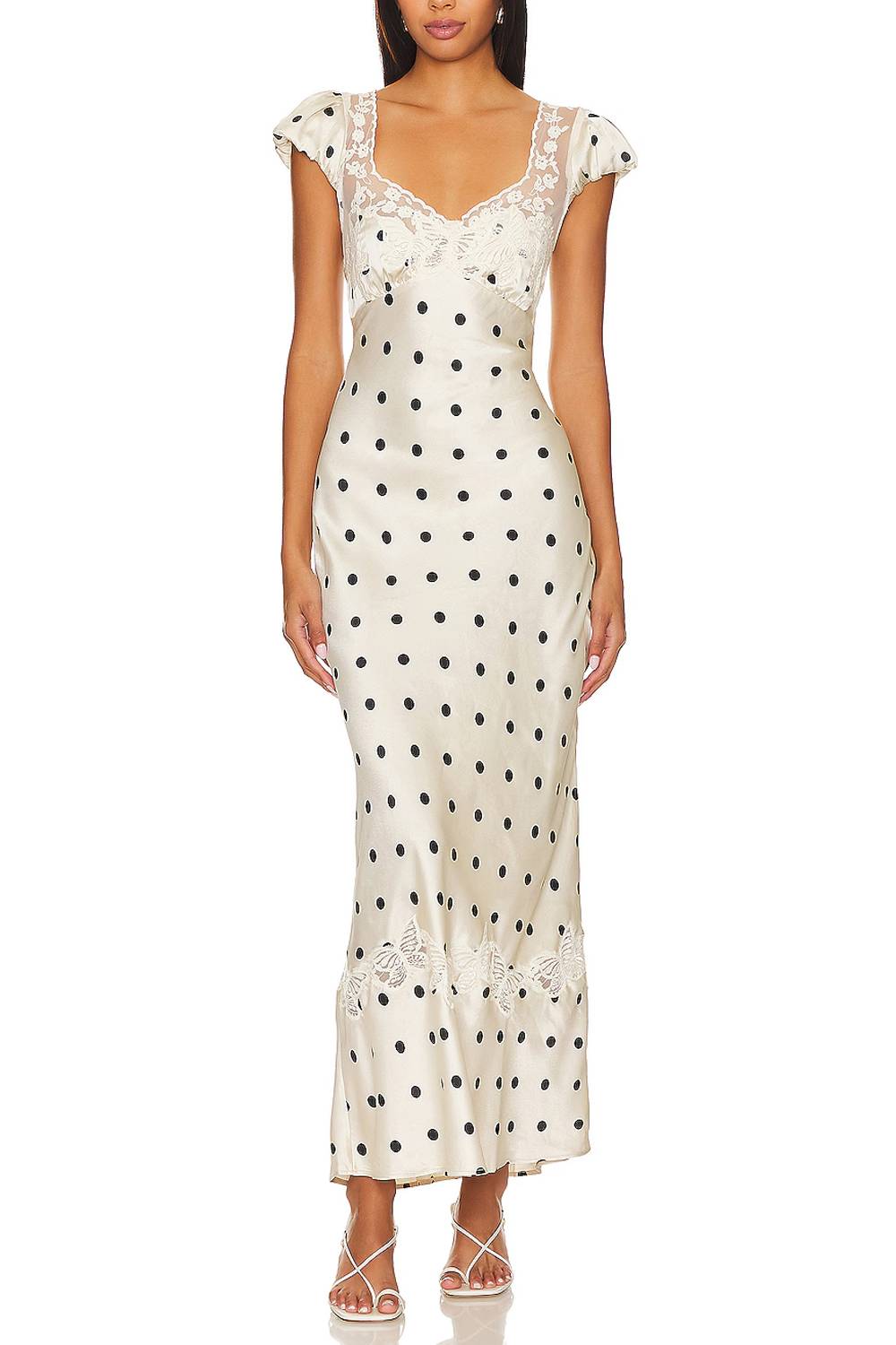 V-Neck Lace Stitching Puff Sleeve Dot Dress