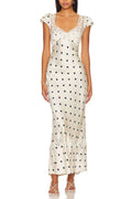 V-Neck Lace Stitching Puff Sleeve Dot Dress