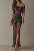 One‑Shoulder Mismatched Sleeve Tie‑Dye Ruched Slit Mesh Maxi Dress
