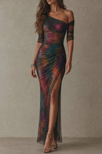 One‑Shoulder Mismatched Sleeve Tie‑Dye Ruched Slit Mesh Maxi Dress
