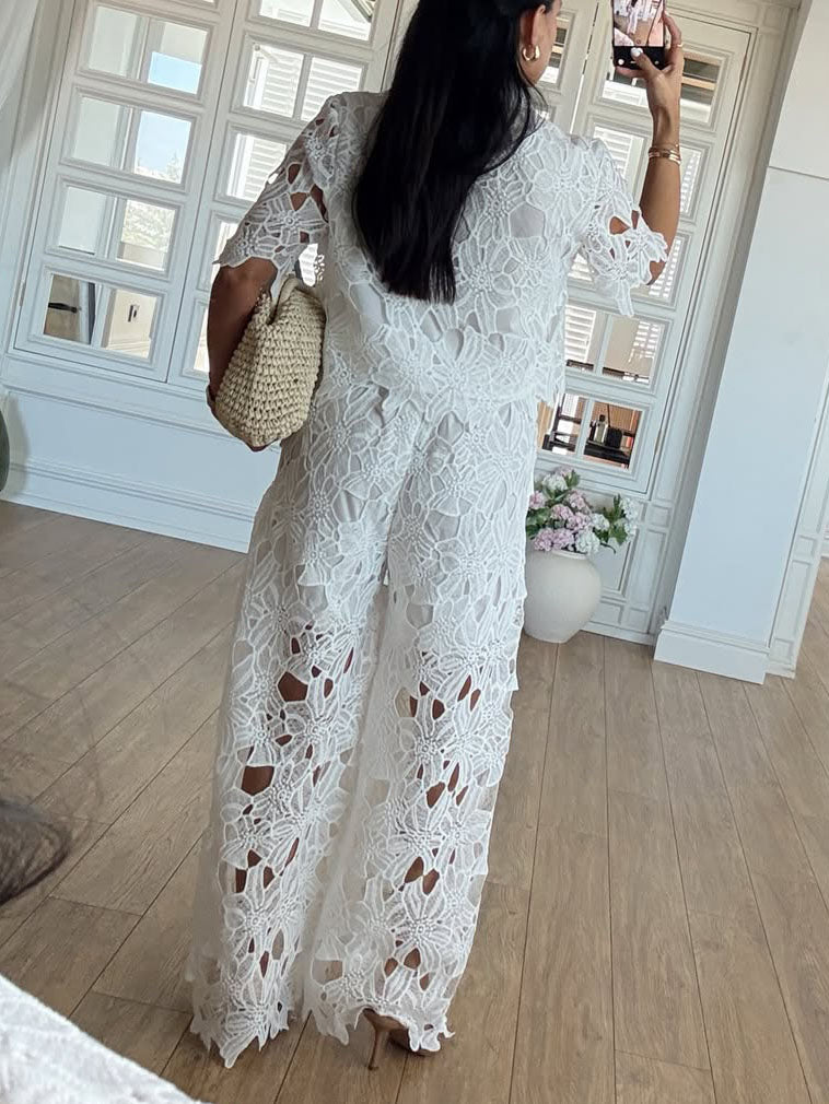 Casual Cutout Lace Shirt & Wide-Leg Pants Two-Piece Set