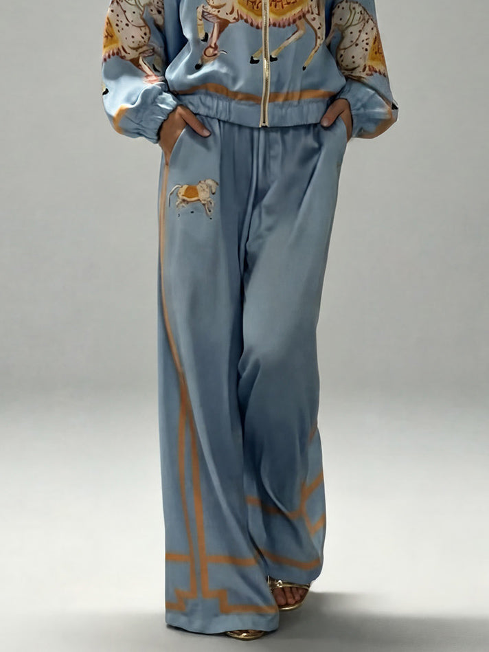 Exquisite Satin Horse Print Zip Jacket & Wide-Leg Pants Two-Piece Set